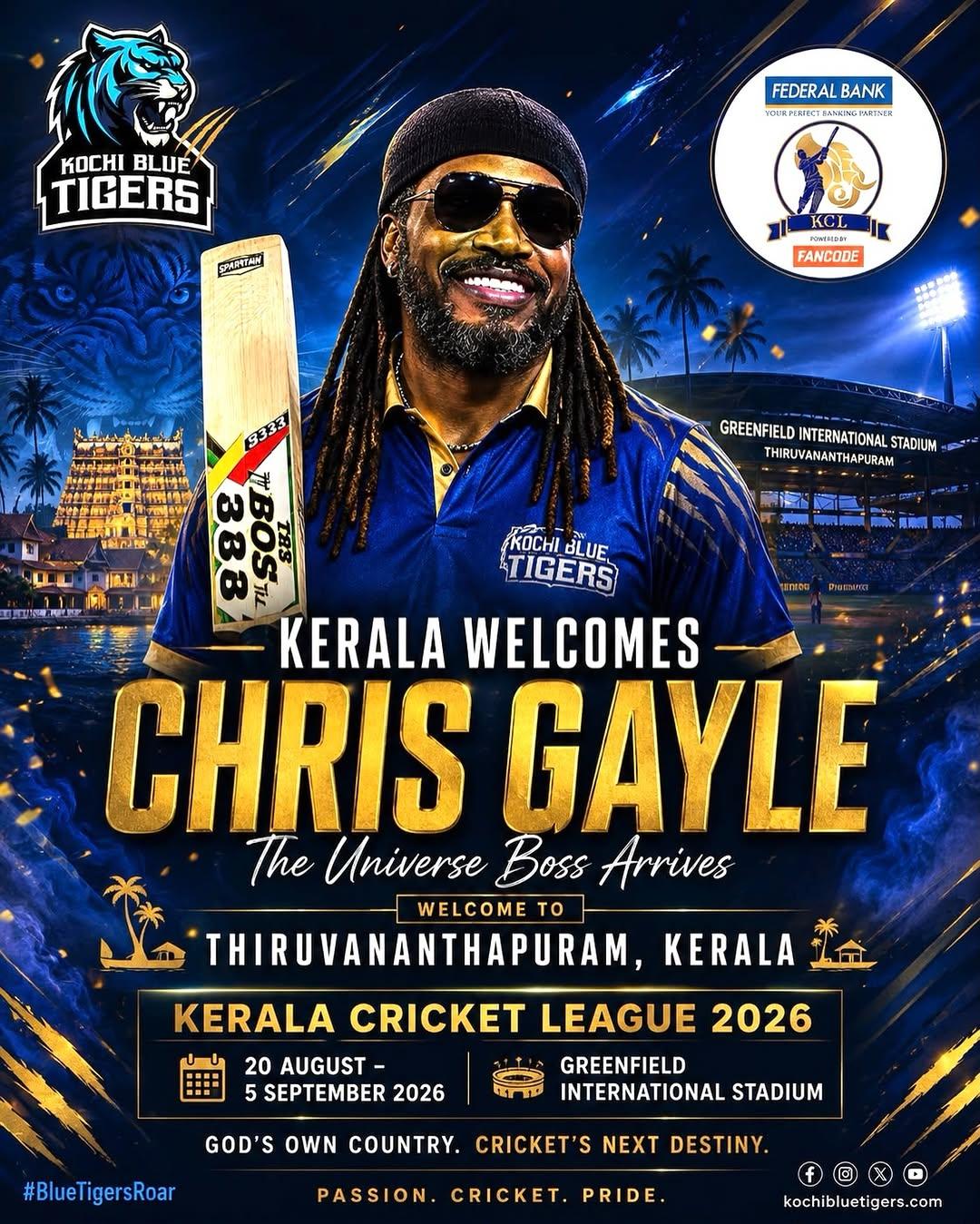 Chris Gayle Arrives for Kerala Cricket League 2026 - Sports in Trivandrum